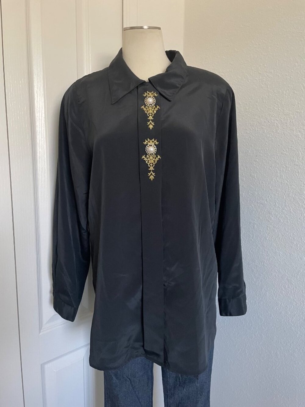 Vintage 1980s Jordan Black Statement Top Gold Embroidery + Pearl Women’s Size 18